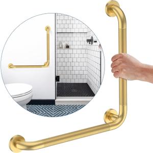 Angled Grab Bar 20x20 Inch, YuanDe Brushed Gold L-Shaped Shower Grab Bar w/Anti-Slip Knurled Grip, Stainless Steel Bath Balance Bar, Wall Mounted Safety Hand Rail Support for Handicap Elderly(4 Pack)