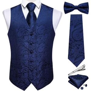 DiBanGu Men's Silk Paisley Vest and Necktie Set 6PCS Pre-tied Bow Tie Formal Waistcoat for Wedding Party (Large, Blue)