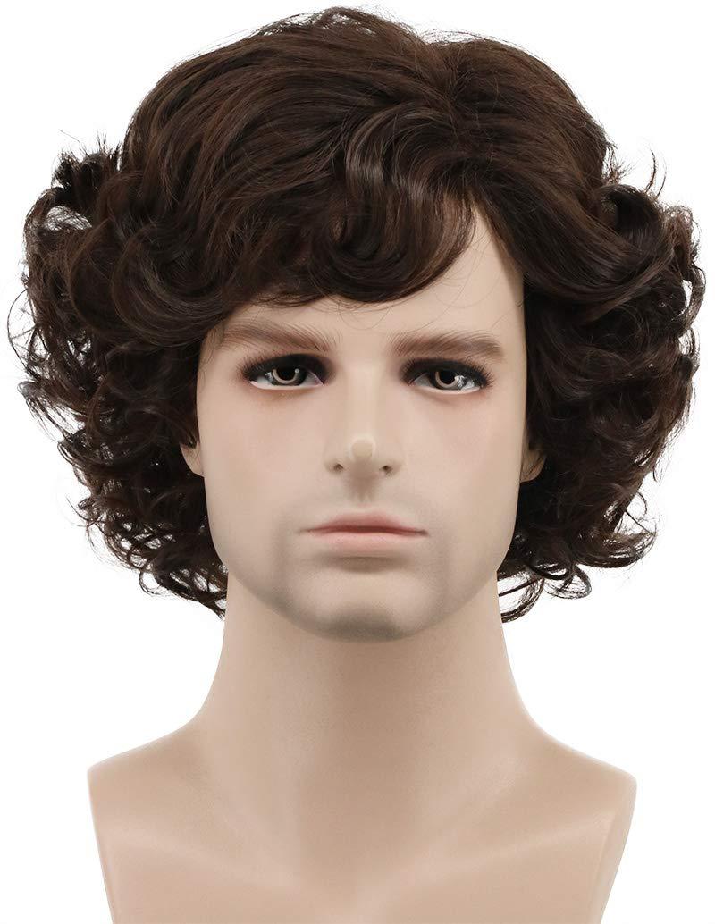 karlery Adult Men Brown Short Fluffy Curly Wig Halloween Cosplay Wig Anime Costume Party Wig