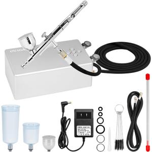 Ovaga 55PSI Ultra-Silent Airbrush Kit, Dual-Action Multi-Function Airbrush Set with Compressor for Painting Portable Air Brush Set for Cake Decoration Makeup Art Craft Nail Design Model Tattoo, Silver