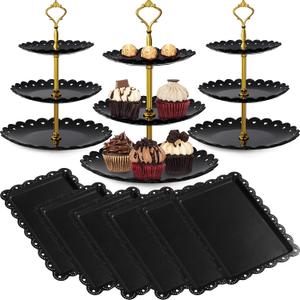 Potchen 9 Pcs Black Cake Stand Set Dessert Table Includes 6 Rectangle Cupcake Stand and 3 Pcs Round 3-Tier Serving Tray Display for Wedding Birthday Party(Crown Style)