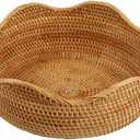 Handmade Rattan Round Fruit Basket Food Storage Bowls Kitchen Organizer Snack Serving Bowl, 11 Inch Boho Wicker Bread Bowl Woven Basket Dcor for Nuts with 3Side and Wavy Edge (Large 11")