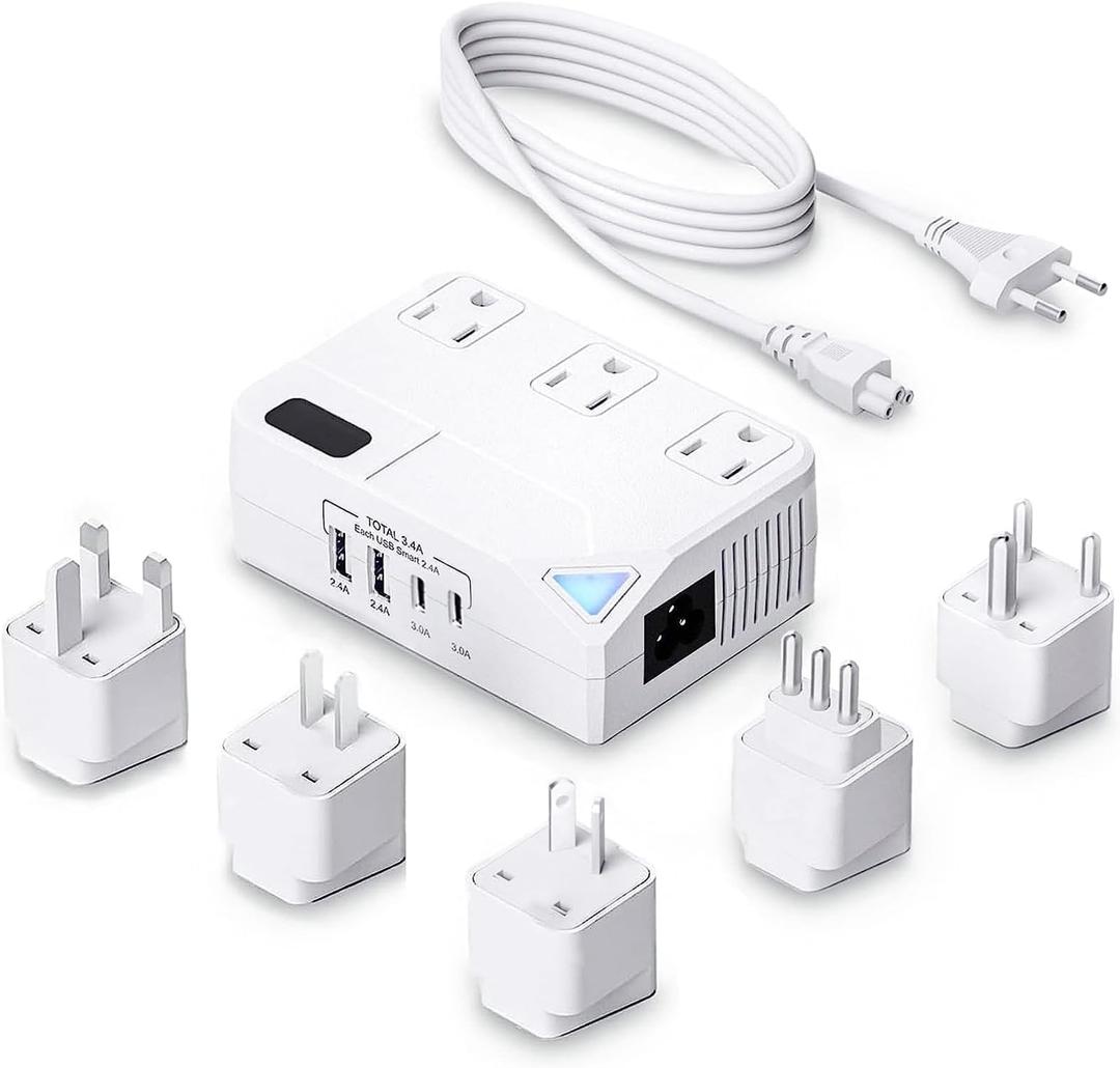 250W Conversion Plug, International Travel Converter with 4 USB Ports, lowering 220V to 110V for 100V-240V Areas and Different Countries Plugs Using US Electrical Devices (White)