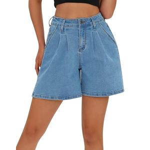 roswear Women’s Wide Leg Denim High Waisted Stretchy Loose Jean Shorts Blue, Large