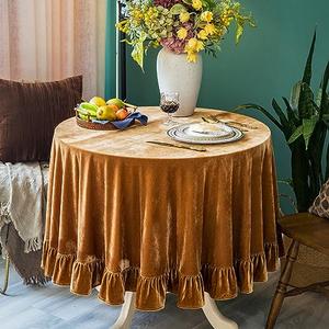 GLORY SEASON Velvet Tablecloth Luxurious Solid Round Table Cloth,Oblong Retro Farmhouse Ruffle Tablecloths Washable Table Cover for Party Wedding Baby Shower Kitchen Dinning Tabletop Decoration, Golden Caramel