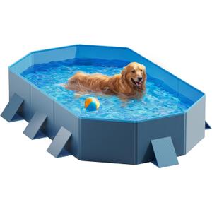 Peteast Foldable Dog Pool with Sturdy Square Design, Durable 71" Lx39 Wx12 D Extra Large Portable Pet Bathtub with Reinforced Sidewalls for Stability, Ideal for Indoor & Outdoor Use (Blue&Dark Gray)