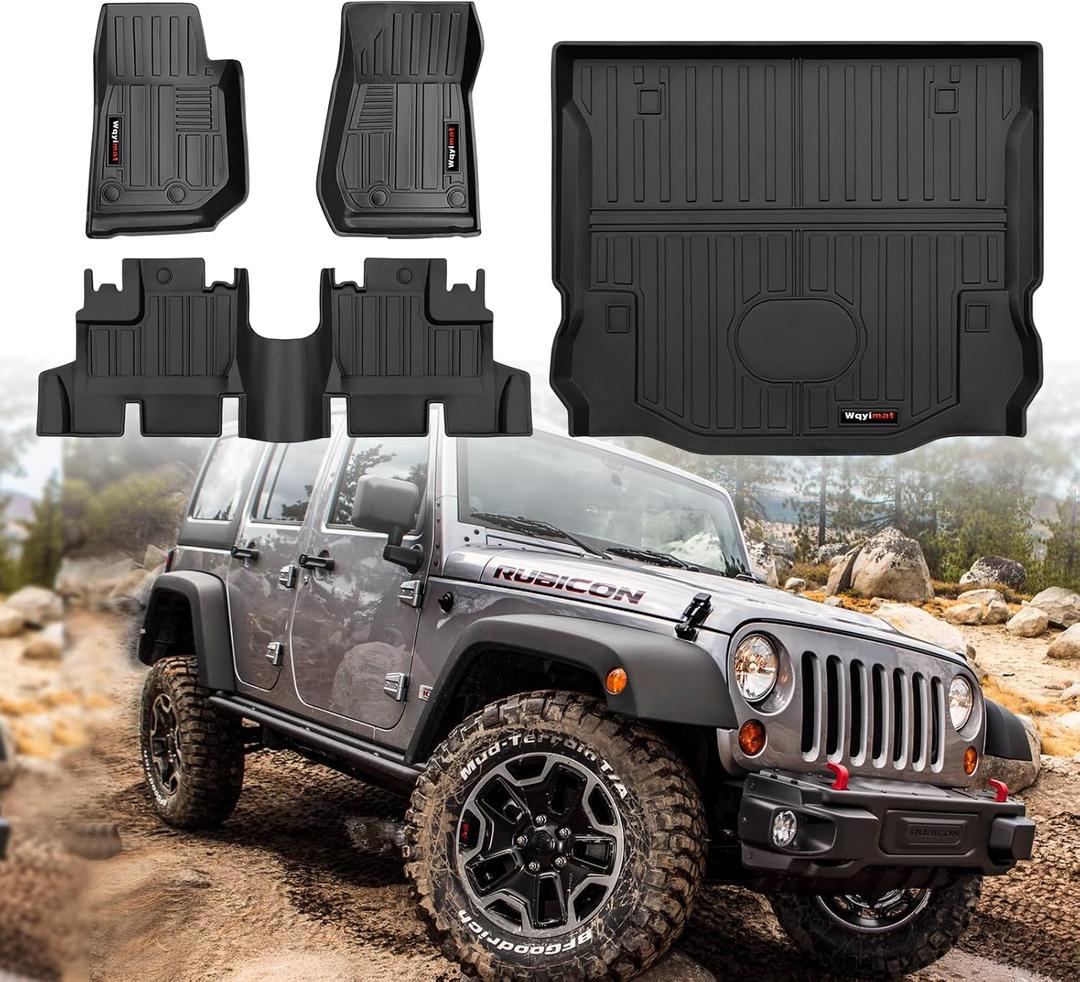 for 2007-2018 Jeep Wrangler JK 4 Door Floor Mats and Trunk Cargo Liner,All Weather Protection TPE Rubber Car Floor Liners, Front & Rear, Black (for 2007-2018 Jeep Wrangler JK 4 Door)