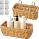 2 PCS Wall Hanging Baskets, Woven Storage Organizer Set, Rattan Style Shelf with Adhesive Hooks, Metal Frame Basket, Bohemian Decor Holder for Bathroom Kitchen Living Room