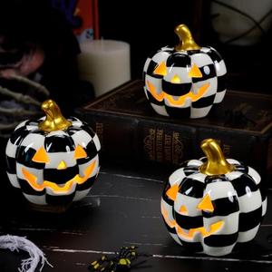 2 Pack Ceramic Pumpkin with Tea Lights,Halloween Light up Pumpkins,Jack-O-Lantern Candle Holder,Black and White Pumpkins Tealight Holder for Halloween Indoor Tabletop Holiday Party Decorations