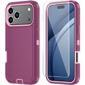 4 x Compatible with iPhone 17 Pro Max Case with HD Screen Protector, Heavy Duty Shockproof & DustProof & Dropproof 3-Layer Cover for iPhone 17 Pro Max, WineRedPink