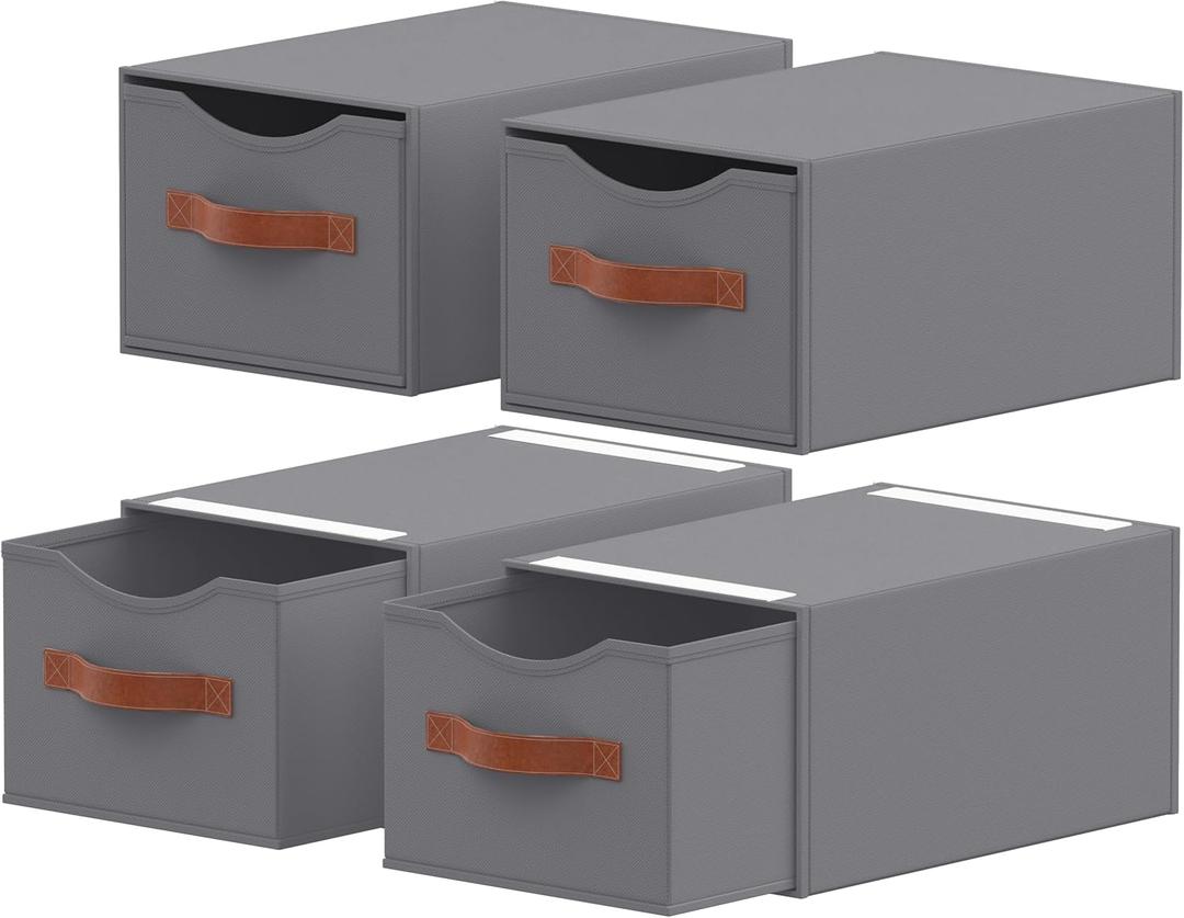 4 Pack Stackable Storage Drawers, Fabric Closet Organizers and Storage with Handles and Clear Window, Pull-Out Clothes Storage Bins with Drawer for Closet, Bedroom, Living Room, Under Bed, Gray