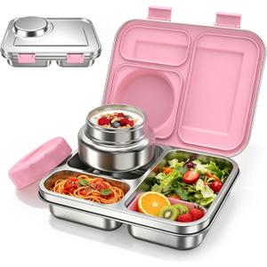 Stainless Steel Bento Box Kids Adult with 8oz Soup Thermo, 3 Compartments Metal Bento Lunch Box with Insulated Food Jar,Lunch Box Container Sauce Cup for School,BPA-Free(Pink)