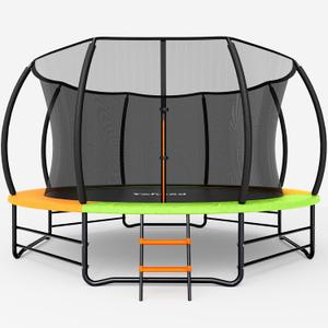 Trampoline Outdoor 12FT 14FT, Recreational Trampolines with Enclosure Net and Ladder, ASTM Approved for Kids and Adults, with Additional 8 Stabilizer Bars and Anti-Rust Coated Galvanized Frame
