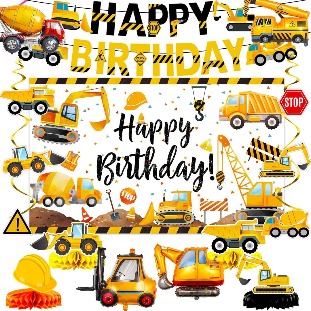 3 x Construction Birthday Party Supplies  Banner, Backdrop, Hanging Swirls, Honeycomb Centerpieces, Foil Balloons for Boys 2nd 3rd Birthday Construction Party Decorations