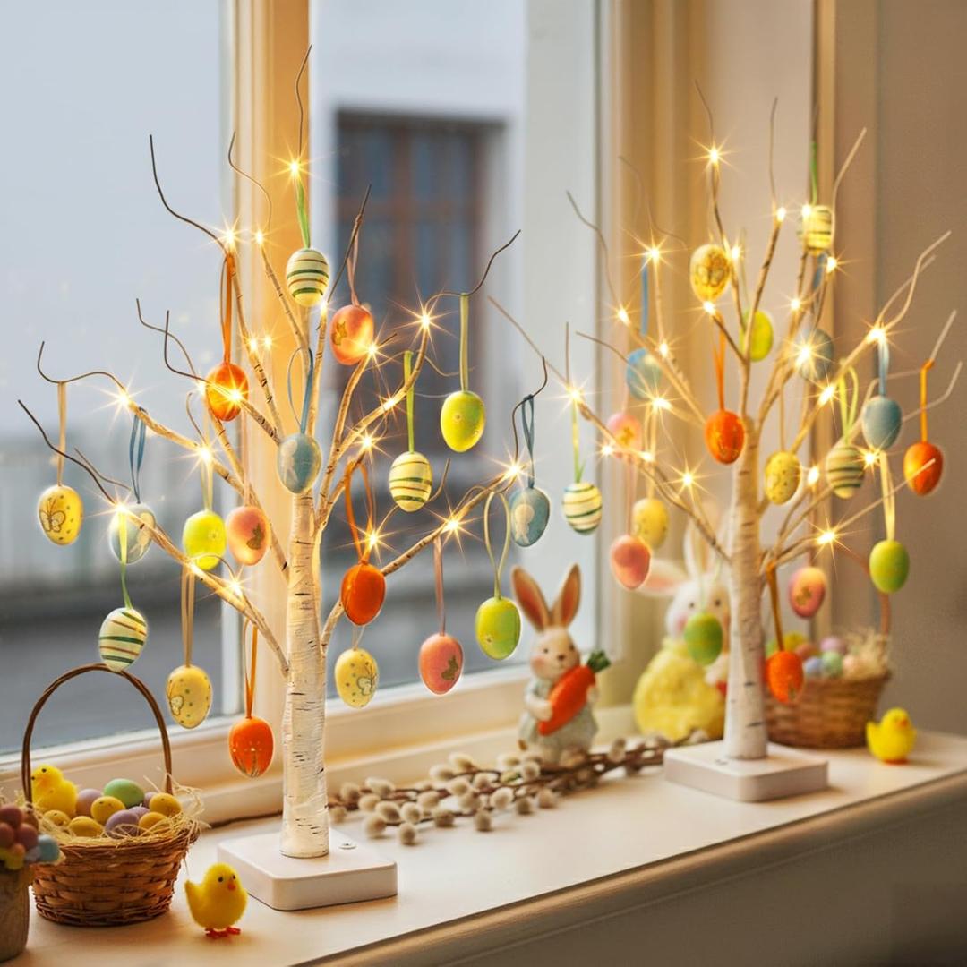 PEIDUO Easter Decorations, 24LT Easter Egg Tree for Home Decor, Lighted Tabletop Tree with 36 Multicolor Painted Eggs, Artificial Tree Decor for Spring Party Bedroom Classrooms (2PK)