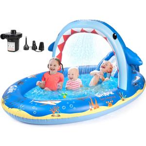 SULIFEEL Dinosaurs Inflatable Play Center Kiddie Pool with Slide and Sprinkler for Children, 96''x59''x39'' Baby Pool for Backyard and Garden, Free Inflatable Pump (Shark)