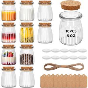 20Pcs 5oz Stripes Small Glass Jars with Cork Lids, Empty Candle Jars for Making Candles, Yogurt Container with PE Lids for Wedding Favors, Gift Jar, Baby Shower, Candy, Spices, with Twine, Labels (20)