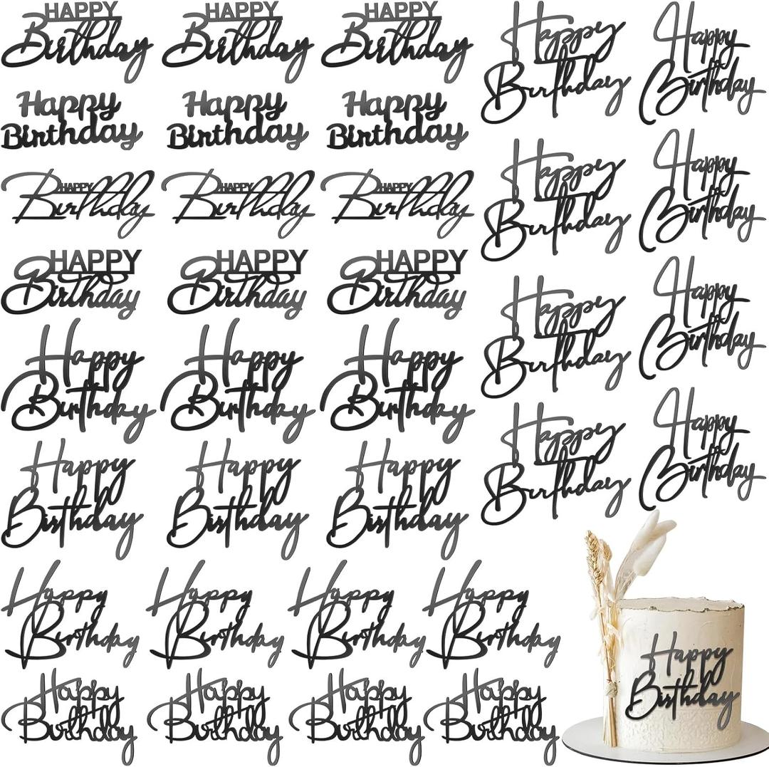 Barydat 50 Pcs Happy Birthday Cake Toppers Bulk Mirror Acrylic Cupcake Topper Cupcake Decorations Happy Birthday Sign for Cake Side Inserts Decor Party Supplies 10 Style(Black)