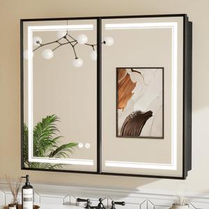 TETOTE Black Lighted Medicine Cabinet Mirror for Bathroom 36 x 30 Led Medicine Cabinet Recessed or Wall Mounted with 2 Door, Tempered Glass, 2 Outlets, 3-Color Dimming, Anti-Fog, Adjustable Shelf