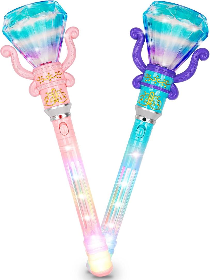 ArtCreativity Light Up Princess Wands for Kids (Set of 2, 14" Long) - Pink and Blue Fairy Wands with Spinning LEDs, Batteries Included - Light Up Wand for Girls and Boys, Perfect Pretend Play Toys