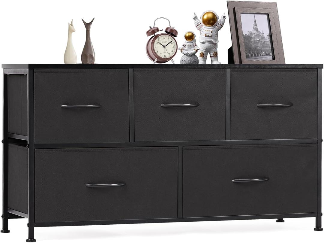 OLIXIS 5 Drawers Dresser for Bedroom, Fabric Storage Tower for Living Room, Entryway, Sturdy Steel Frame, Wooden Top & Easy Pull Fabric Bins