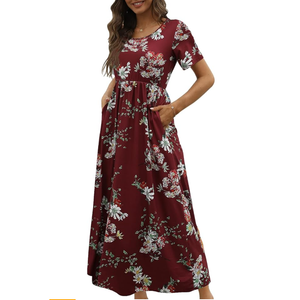 CHERFLY Women's Summer Maxi Dress Short Sleeve Casual Long Dress with Pockets, Medium