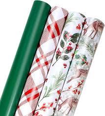 Hexablenzio Christmas Wrapping Paper Bulk Set of 4 Rolls (93 sq. ft. ttl) Santa Claus, Reindeer, Christmas Tree, Snowman Patterns for Holiday Gift Wrap - 17 inches x 16.5 feet Per Roll