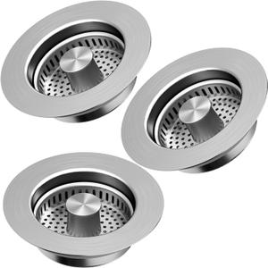 Kitchen Sink Drain Strainer 3 Pack, 304 Stainless Steel Pop Up Sink Stopper, Anti-Clogging Sink Drain Strainer for US Standard Kitchen Drain (SUS304 Brushed)