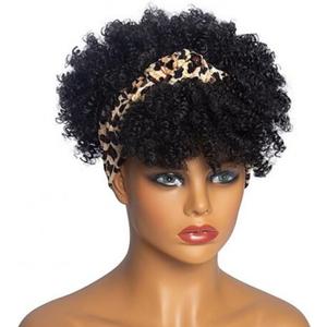 Short Afro Kinky Curly Wigs with Bangs Wrap Headband Wigs 2 in 1 Synthetic Turban Wig Afro Scarf Wig Curly Cosplay Wig