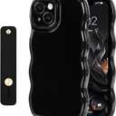 NITITOP Compatible with iPhone 15 Case Cute Simple Wave Design Stylish Wavy Curly Frame with Wrist Adjustable Hand Strap Kickstand Grip Holder Soft Silicone Protective Cover - Black