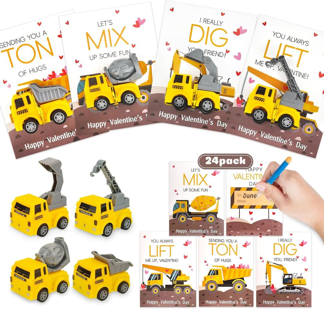 Valentines Day Cards for Kids Classroom: 24 Pack Trucks Valentines Gifts Construction Vehicles Toys Car Cards for Class Gifts Exchange, Classroom Prizes, Toddlers Girls Boys School Party Favors