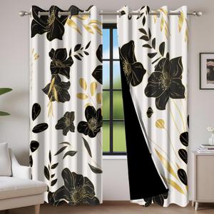 Baocicco Blackout Floral Curtains for Bedroom, 63 inch Long Printed Flower Black Out Curtains, French Country Window Treatment Farmhouse Drapes Set 2 Panels Black Gold 42Wx63L