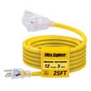 Ultra Explorer 25 Ft Lighted Outdoor Extension Cord with 3 Electrical Power Outlets - 12/ 3 SJTW Heavy Duty Yellow Extension Cable with 3 Prong Grounded Plug for Safety, UL Listed