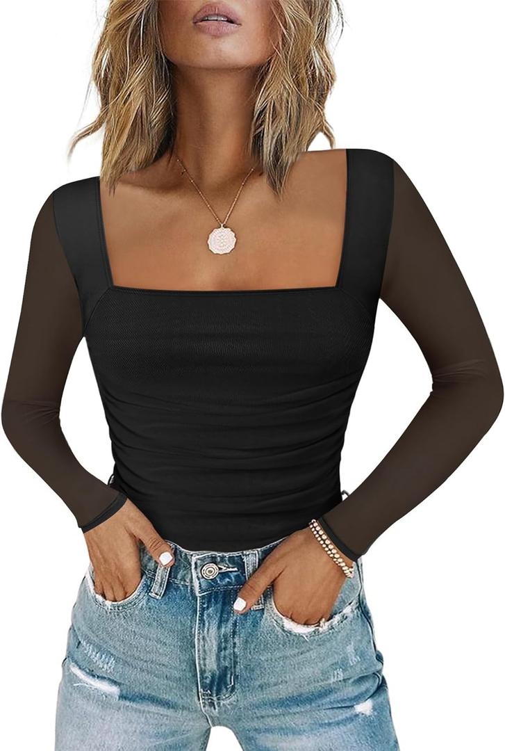 Chunpin Women's Square Neck Bodysuit Ruched Top Mesh Long Sleeve Bodysuits Thong Body Suits Leotard Shirt Going Out (Large)