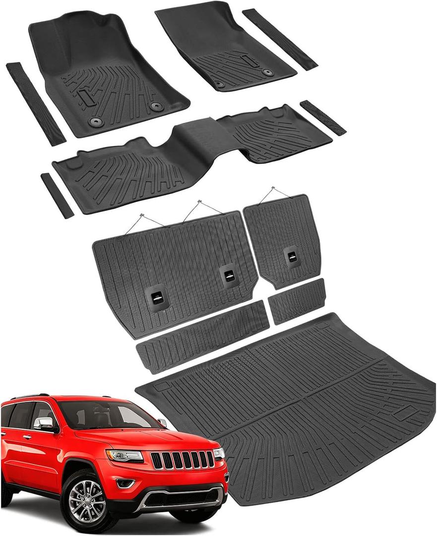 Car Floor Mats for Jeep Grand Cherokee: All Weather Rubber Custom Fit Accessories for 2011-2021 Model (Not for L) Full Coverage Floor Mats Cargo Liner with Backrest Protectors & Door Sill Guards