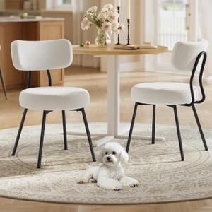 VASAGLE Boucle Dining Chairs Set of 2, Upholstered Kitchen Dining Room Chairs with Curved Backrest and Steel Frame, Modern Mid Century, Round, for Vanity, Living Room, Cream White