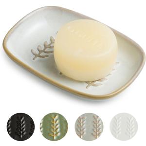 Soap Dish Bar Cleaner Dish for Shower, Ceramic Soap Dishes for Large Soap Bar Shampoo or Sponge, Shower Soap Dish Soap Saver Tray for Bathroom Kitchen Sink, Easy to Clean (Leaf Design, Beige)
