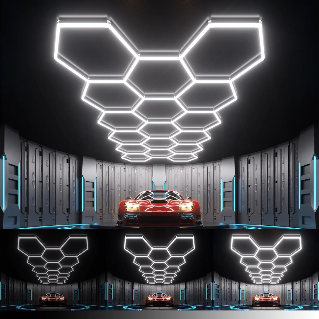 Hexagon Garage Lights : 3 Level Dimmable 476W Tube 17 Grids Hexagon LED Lights - Easy Install 6500K Super Bright Hex Lights for Warehouse, Car Detailing Shop, Exhibition Hall, Gym, 17 HEX+NoBorder