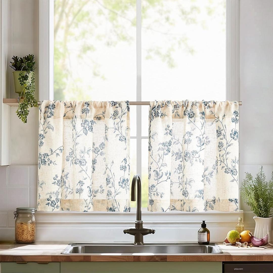 jinchan Floral Kitchen Curtains 24 Inch Linen Tier Curtains Farmhouse Cafe Half Window Drapes Over Sink Light Filtering for Living Room Laundry RV Rod Pocket 2 Panels Blue on Beige, Size: 26"W x 24"L