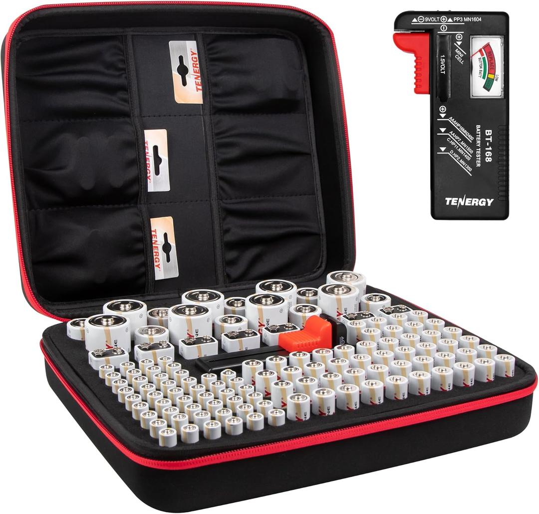 Tenergy Alkaline Batteries & Storage Case, 48xAAs, 48xAAAs, 8xC Size, 8xD Size, 8 Pack 9V Size Batteries, and Battery Organizer Case