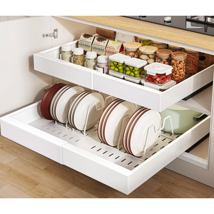 Seinloes 2Pack Pull out Cabinet Organizer 21"Deep with 4 Adjustable Dividers,Expandable（12.1"-20.4"W） Pots and Pans Organizer Under Cabinet with Raising Pad for Framed Cabinets,Slide out Drawers,White