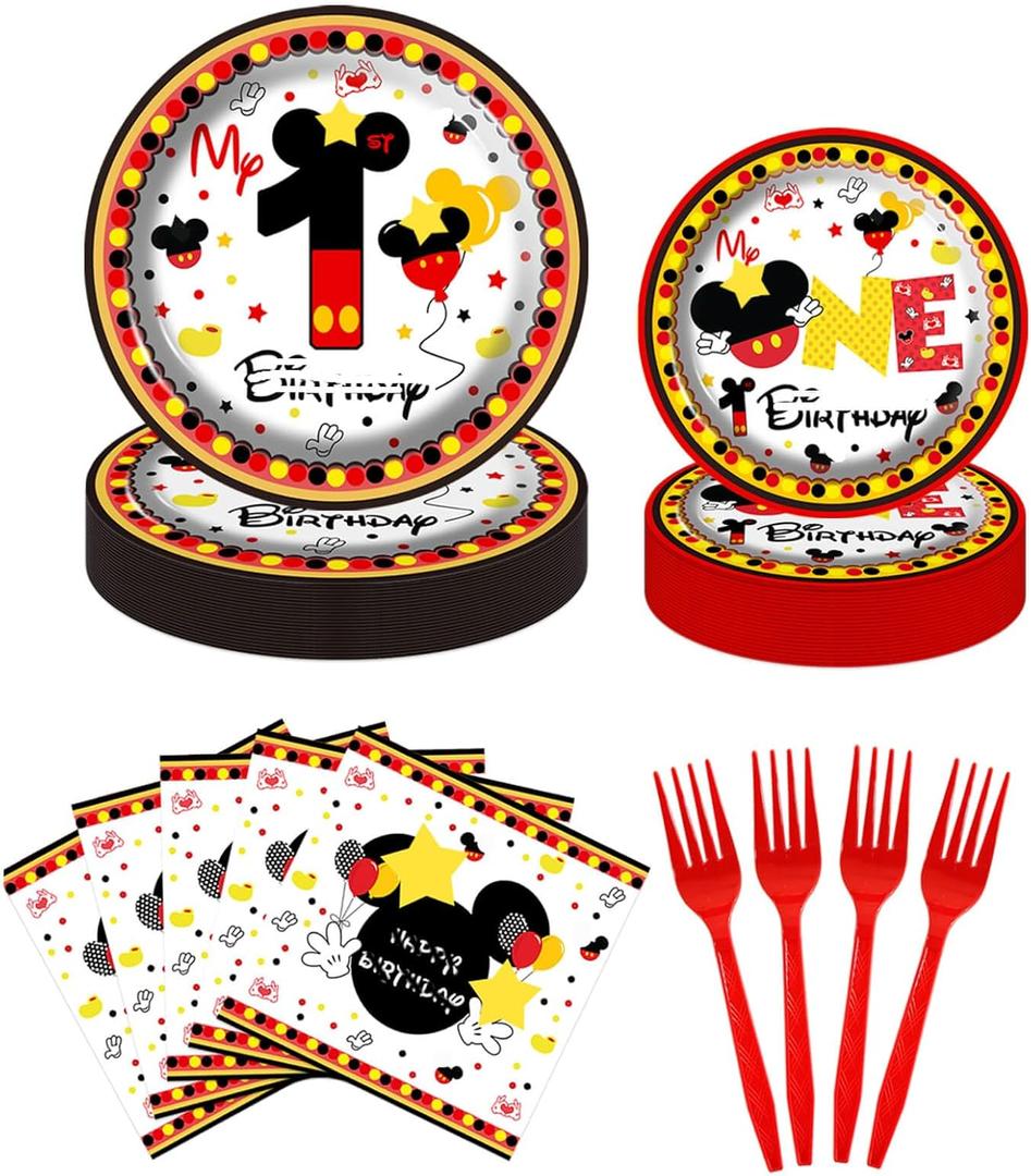 XXDecor 80 Pcs Red Cartoon 1st Birthday Party Plates - Boys One Birthday Dessert Plates Napkins Forks Tableware Kit for Boys 1st Bday Party Decorations Supplies (20 Guests)