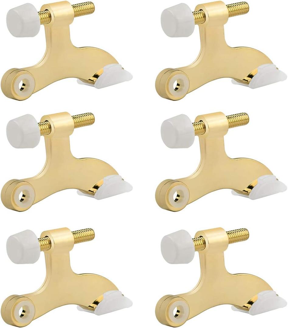 HOMOTEK 6 Pack Hinge Pin Bright Brass Door Stopper, Gold Door Stops, Adjustable Deluxe Heavy Duty Door Stopper 2-1/2"x1-3/4,with White Rubber Bumper Tips