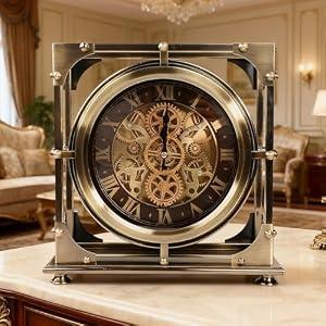 DORBOKER Moving Gears Desk Clock, Mantle Clock, Industrial Steampunk Art Decorative Clocks for Living Room Farmhouse Offcie, Christams Gifts Ideas for Father Boss Senior Friend (12inch Bronze Roman)
