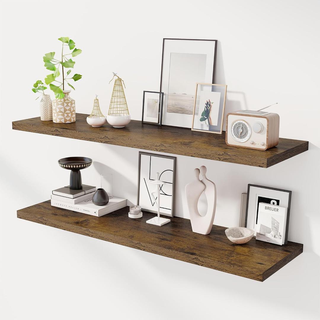 Dreamland 48" Floating Shelves for Wall, 12" Deep Slim Rustic Brown Floating Shelves,Wall-Mounted Shelves for Bedroom, Living Room, Kitchen, Bathroom - Set of 2, 48"L x 12"D x 1.3"H, Set of 2