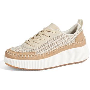 LUCKY STEP Women's Platform Sneakers Rhinestone Fashion Chunky Casual Sparkly Retro Braided Walking Shoes (9, Beige/Brown Mesh)