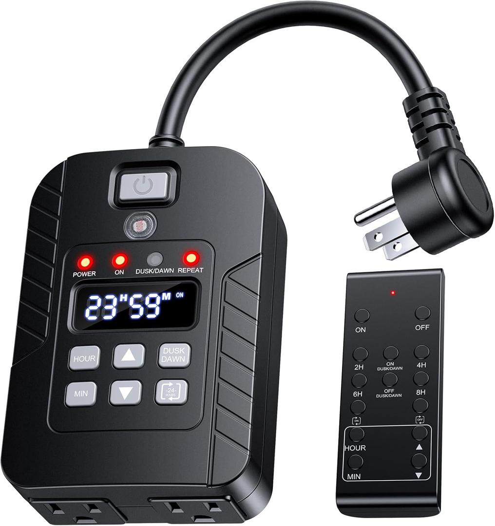 Outdoor Light Timer Waterproof, Remote Control Dusk to Dawn Sensor Timer, 100 FT Range, Plug in, 2 Outlets Digital Timer Switch for Home and Garden, 15A/1875W