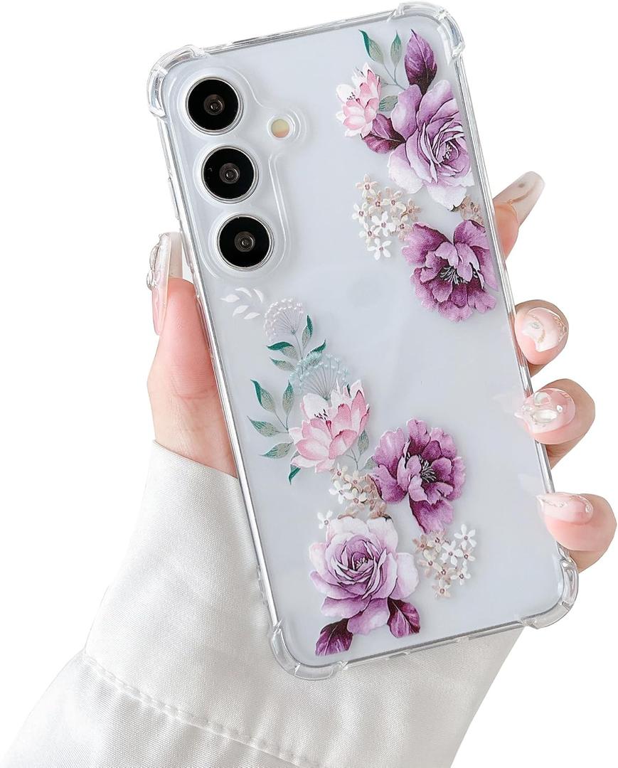 DEFBSC Soft Case Compatible with Samsung Galaxy S24, Clear Floral Flower Pattern Print Design Flexible TPU Shockproof Cover for Women Girls, Flower Protective Phone Case,Purple Peony
