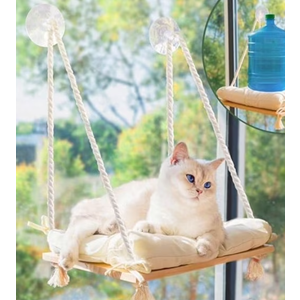 Cat Window Perch with IndustrialGrade Suction Cups  Solid Pine Wood Hammock Bed, Soft Cushion  42 lb Capacity for Cats Inside