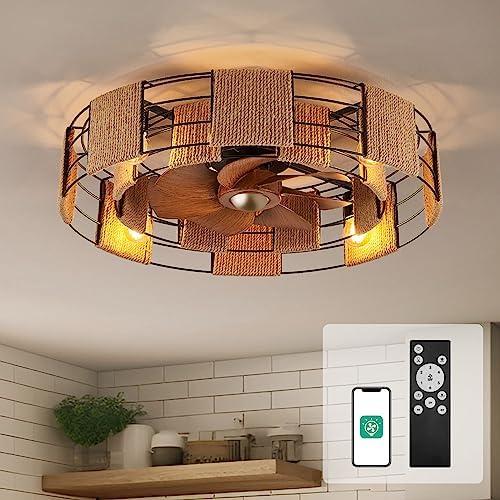 Orison 22" Caged Low Profile Ceiling Fan With Light, Remote, and App Control - Flush Mount, 7 Blades, 6 Speeds, 4 Bulbs